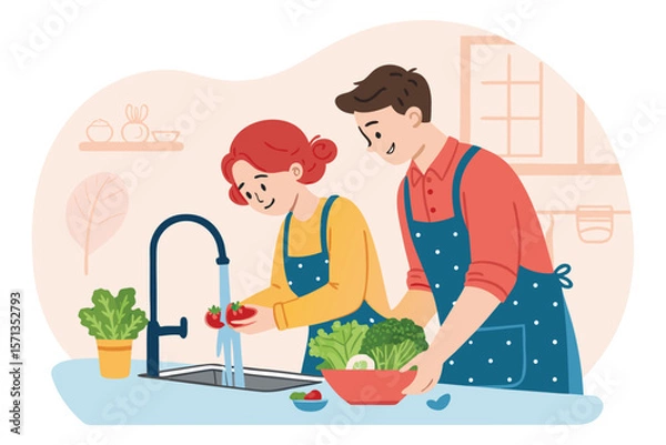 Obraz Vector illustration of a happy couple washing fresh vegetables together, prepping for a meal.