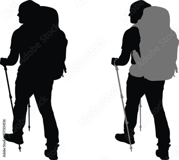 Fototapeta Hiker with backpack and sticks silhouette - vector