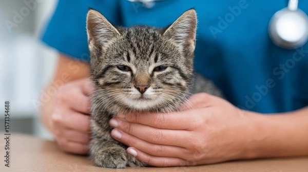 Fototapeta Vet nurse comforting a scared cat during checkup at animal hospital emotional support scene pet care environment compassionate viewpoint