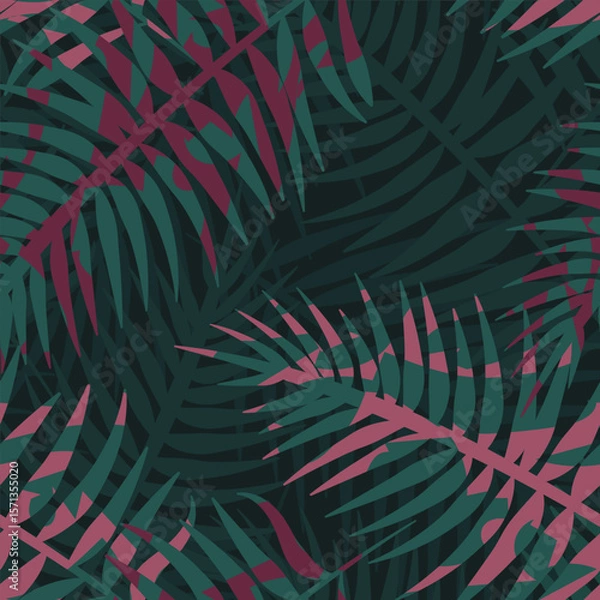 Fototapeta Seamless tropical pattern, vivid tropic foliage, with palm leaves. Modern bright summer print design. Black background