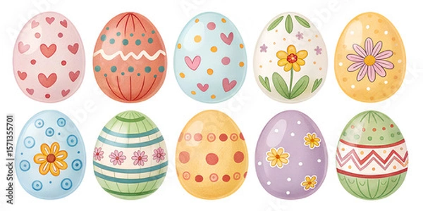 Fototapeta Child's drawing of various painted Easter eggs isolated on transparent background