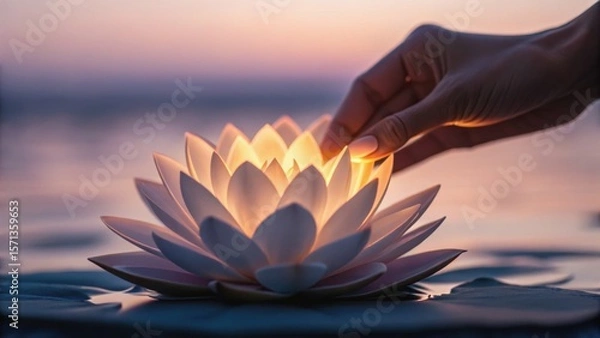 Fototapeta A hand gently places a glowing lotus flower on water, creating a serene and tranquil atmosphere during sunset.