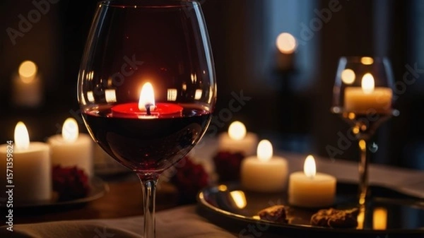 Fototapeta A romantic scene featuring a glass of wine illuminated by candlelight, creating a warm and intimate atmosphere.