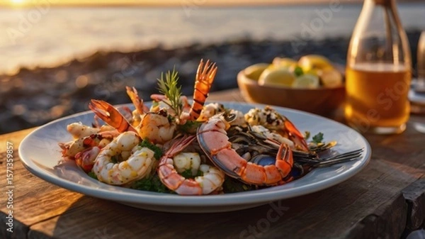 Fototapeta Delicious seafood platter featuring shrimp and shellfish, set against a scenic background with a drink and fresh produce.