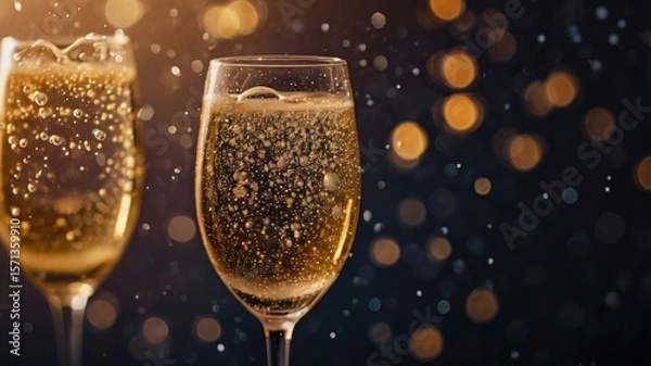 Fototapeta Two sparkling glasses filled with bubbly drink, surrounded by soft golden lights in a festive atmosphere.