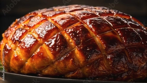 Fototapeta Succulent glazed roast with a crispy exterior, beautifully presented on a platter, perfect for festive meals or special occasions.
