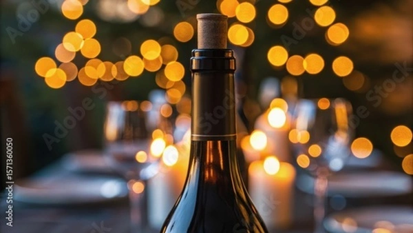 Fototapeta A wine bottle stands prominently in a dimly lit setting, surrounded by soft bokeh lights and candle glow, creating an inviting ambiance.