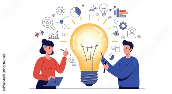 Obraz Business innovation concept vector illustration with people, light bulb, and creative elements for design and marketing