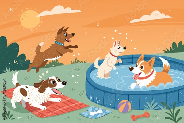 Obraz Vector illustration of a fun dog pool party. Shiba Inu, Labrador, Poodle, Bulldog, Corgi swim, play.
