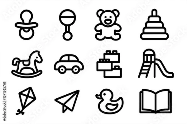 Fototapeta Baby and toddler toys vector illustration set in minimalist line style for children's design