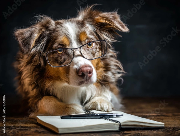 Fototapeta Australian Shepherd Wearing Glasses With Notebook And Pen Looking Like Thoughtful Canine Therapist. Philosophical Dog