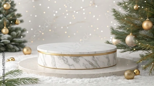 Obraz Elegant Marble and Gold Christmas Display Platform; Festive Mockup with Snowy Base, Decorated Tree, and Sparkling Lights.