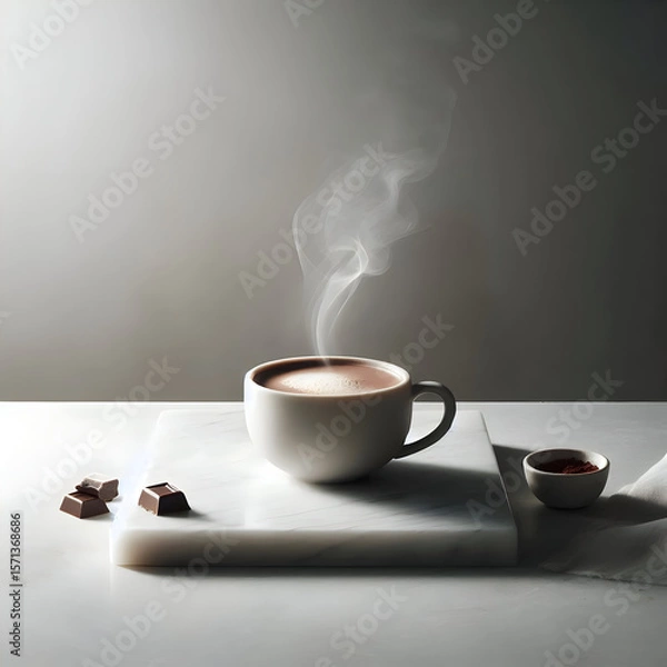 Fototapeta a  cup of hot chocolate on a white marble surface, with subtle steam and minimalist composition