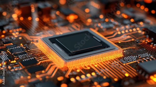 Fototapeta Close-up View of a Modern Microprocessor Chip on Circuit Board with Glowing Orange Background Enhancing Technological Aesthetics and Intricate Details 