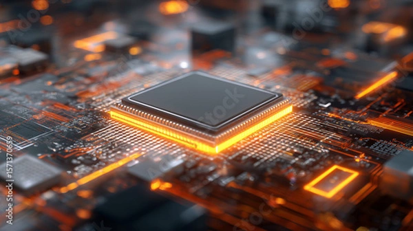 Fototapeta Close-up View of a Modern Microprocessor Chip on Circuit Board with Glowing Orange Background Enhancing Technological Aesthetics and Intricate Details 