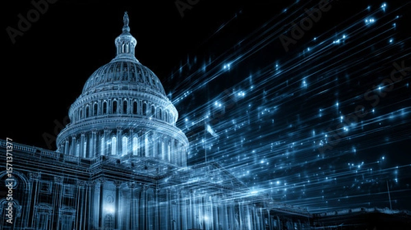 Fototapeta financial data, government building. A futuristic view of the Capitol building with blue data streams, symbolizing technology and governance at night. 