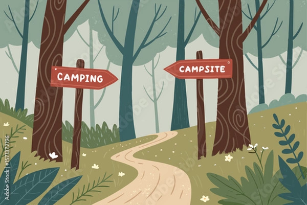 Obraz Vector illustration of a forest trail with direction signs. Signs lead to various destinations; mountains, waterfalls, rivers.