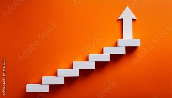 Fototapeta white staircase with upward arrow on bright orange background concept of growth and progress