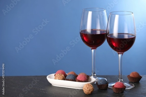 Fototapeta Delicious truffle bonbons and wine on black table against blue background. Space for text