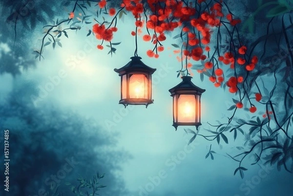 Obraz Two lanterns hang from branches with red flowers