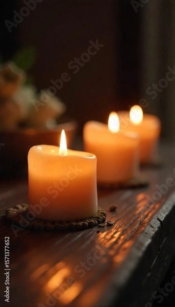 Fototapeta Warm Candlelight Glow on Dark Wood Peaceful Ambiance for Relaxation, Spa, and Meditation
