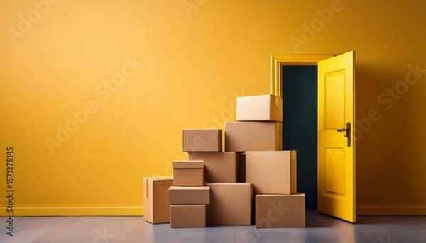 Fototapeta stacked cardboard boxes near an open yellow door moving or delivery concept with vibrant color