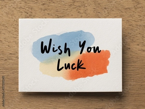 Fototapeta Creative greeting card design featuring wish you luck watercolor splat art studio digital art bright colors top view