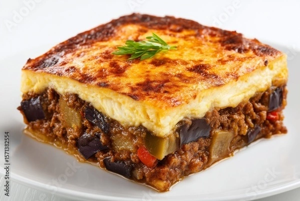 Fototapeta Vegetarian moussaka slice presented on a clean white background showcasing layers of eggplant, lentils, and creamy topping