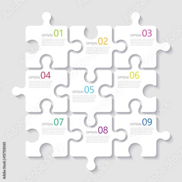 Fototapeta Modern abstract 3D puzzle infographic template with nine steps options. Business concept graph template with options for brochure, diagram, workflow, timeline, web design. Vector EPS 10