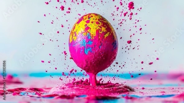 Fototapeta Easter celebration dipping a colorful egg into vibrant paint festival of colors close-up viewpoint springtime joy with bunny and rabbit themes