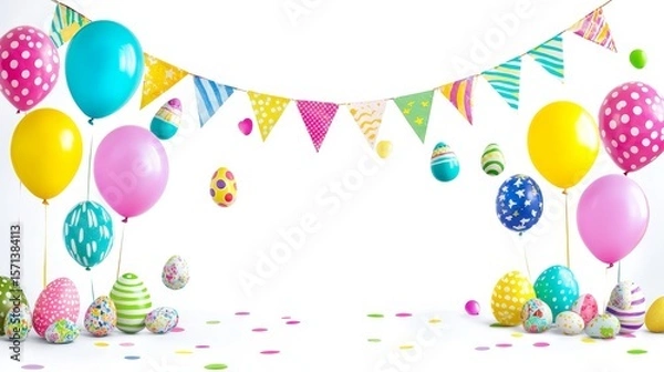 Fototapeta Easter festival celebration with colorful balloons eggs and bunnies in a cheerful environment