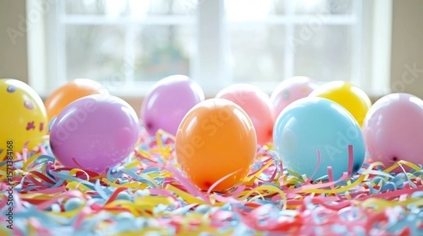 Fototapeta Festive easter party with colorful balloons and colorful eggs celebrating spring in a joyful home environment