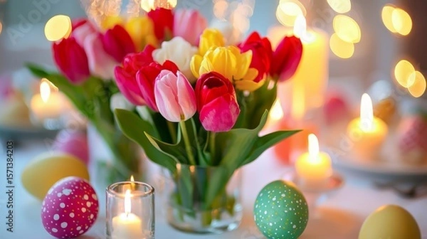 Fototapeta Celebrate easter with a festive table setting colorful eggs bunnies and floral arrangements for a vibrant festival atmosphere