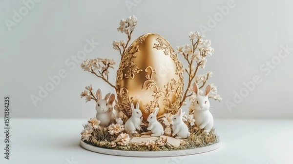 Fototapeta Easter festival celebration a giant golden egg surrounded by tiny bunnies in a colorful garden setting