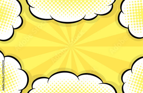 Fototapeta Cartoon-like pop and bright sunburst and clouds background. An eye-catching American comic book-like pop background with impactful concentrated yellow lines.