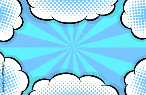 Fototapeta Cartoon-like pop and bright sunburst and clouds background. An eye-catching American comic book-like pop background with impactful concentrated blue lines.