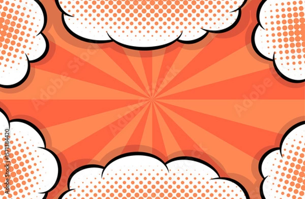 Fototapeta Cartoon-like pop and bright sunburst and clouds background. An eye-catching American comic book-like pop background with impactful red concentration lines.