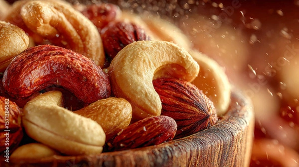 Obraz Close-up of a bowl filled with roasted cashew nuts, sprinkled with seasoning and spices, with particles suspended in the air