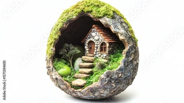 Fototapeta Enchanting tiny fairy village inside a giant easter egg colorful festival of rabbits and bunnies whimsical nature scene