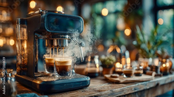 Obraz Stylish espresso machine brewing coffee in a cozy, warmly lit cafe interior