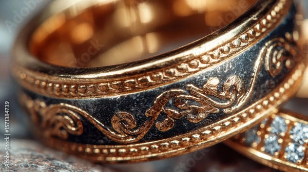 Obraz Close-up of two ornate gold rings with intricate designs and gemstones, resting on a rough stone background