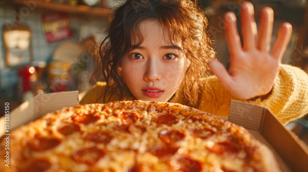 Obraz An Asian woman holding her hand up as if refusing food, staring intensely at a pepperoni pizza in a box, illustrating a diet struggle