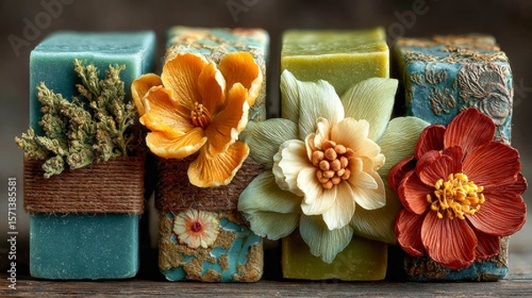 Obraz Close-up of beautifully handcrafted soap bars, decorated with dried flowers and natural textures, wrapped with rustic twine on a wooden surface