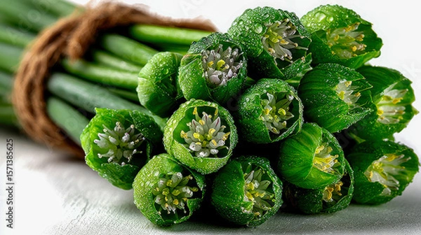 Obraz Freshly harvested bundle of green chives with small blossoming flowers, covered in morning dew, tied together with a rustic rope on a white background