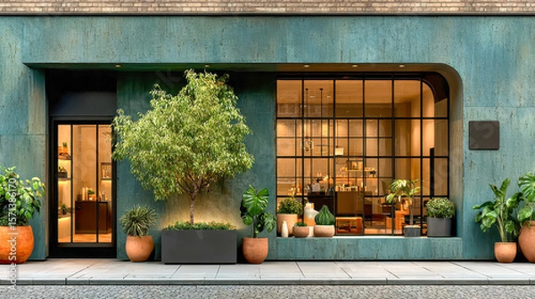 Obraz Modern storefront with large glass windows, lush green plants, wooden interior decor, and a tree growing through the structure