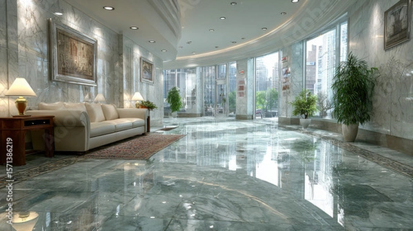 Obraz Luxurious lobby with marble floors and large windows showcasing a cityscape, furnished with a white sofa, side tables, and indoor plants