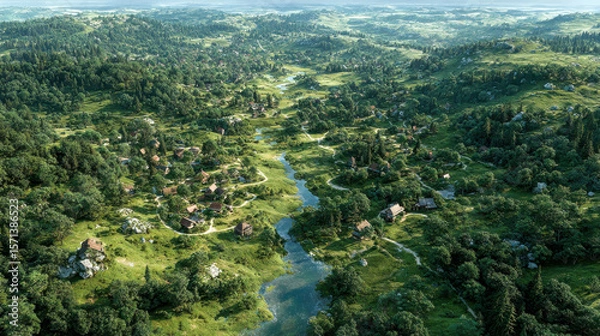 Obraz A lush rural landscape with scattered small houses, winding rivers, and rolling green hills, offering a peaceful, expansive view of the countryside