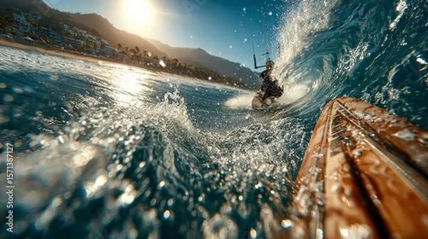 Obraz Action shot of a kitesurfer powering through the water, taken from a dynamic, low angle with intense sunlight and ocean spray