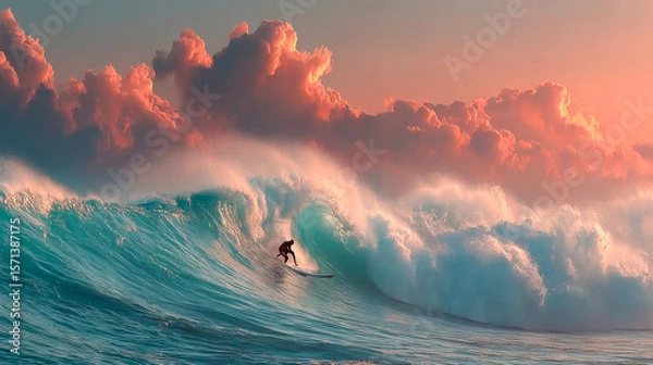 Obraz A lone surfer rides the inside of a towering wave, with golden sunlight piercing through the barrel, capturing the power and grace of the ocean
