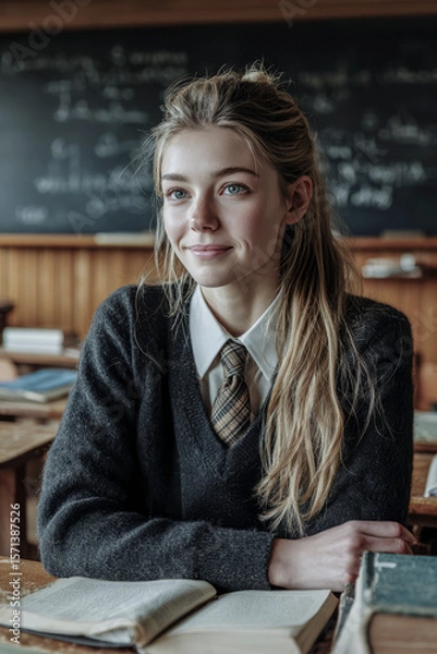 Fototapeta Smart student girl smiling and studying at her desk in the classroom
